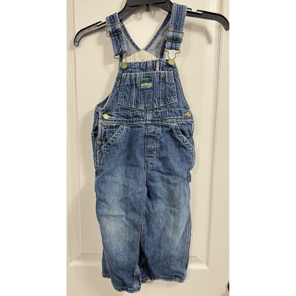 Vintage OshKosh B'gosh Blue Jean Overalls Toddler Boy Size 3T Green Stitch